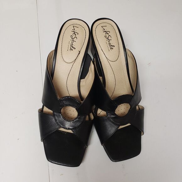 Life Stride Soft System Open Toe Leather Block Heel Black Sandals Sz 10 M PO Exc - Picture 11 of 13